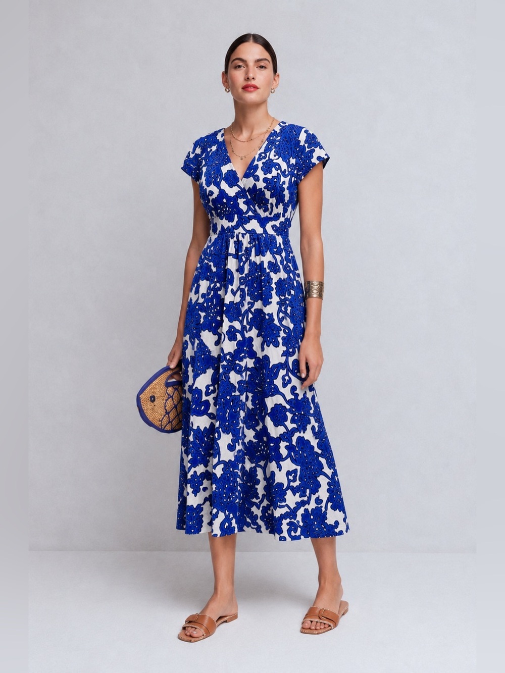 BODEN | Women’s Blue Sapphire Island Vine Jersey Dress V-neck Faux Wrap Size 6R